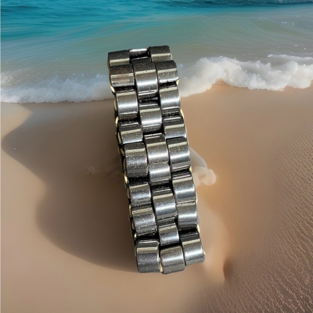 Steel Stretch Bracelet 3 Row Brick Watch Link Gunmetal Gray 7"
